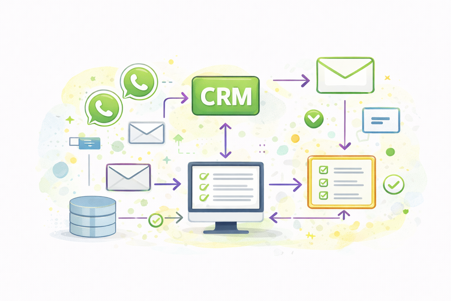Ilustración de automatización de procesos y sistema CRM mostrando integración de WhatsApp, email y gestión de clientes para pequeñas empresas.