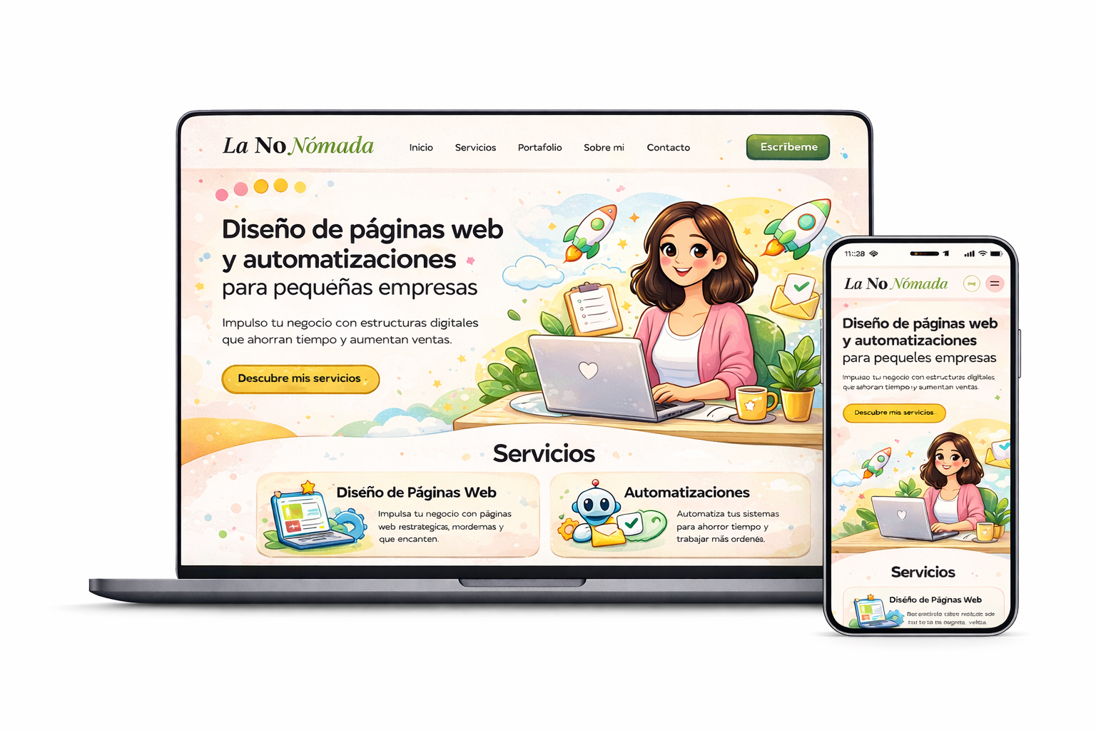 Mockup ilustrado de la página web La No Nómada mostrando diseño de páginas web y automatizaciones para pequeñas empresas en versión escritorio y móvil.