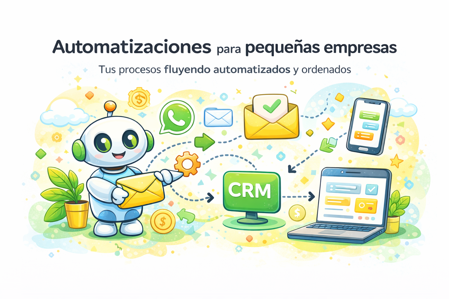 Imagen ilustrada de automatización de procesos empresariales con integración de CRM, seguimiento automático de clientes y optimización de ventas para pequeñas empresas.
